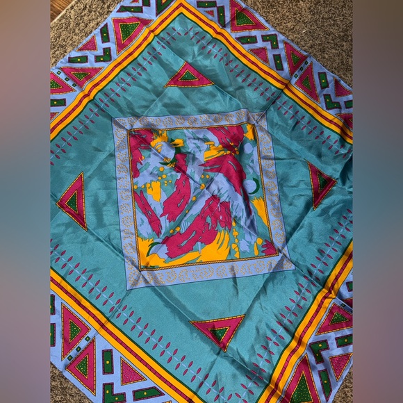 vintage Accessories - Vintage 100% Silk Hand-Rolled Square Scarf | 34x34 | Colorful Geometric